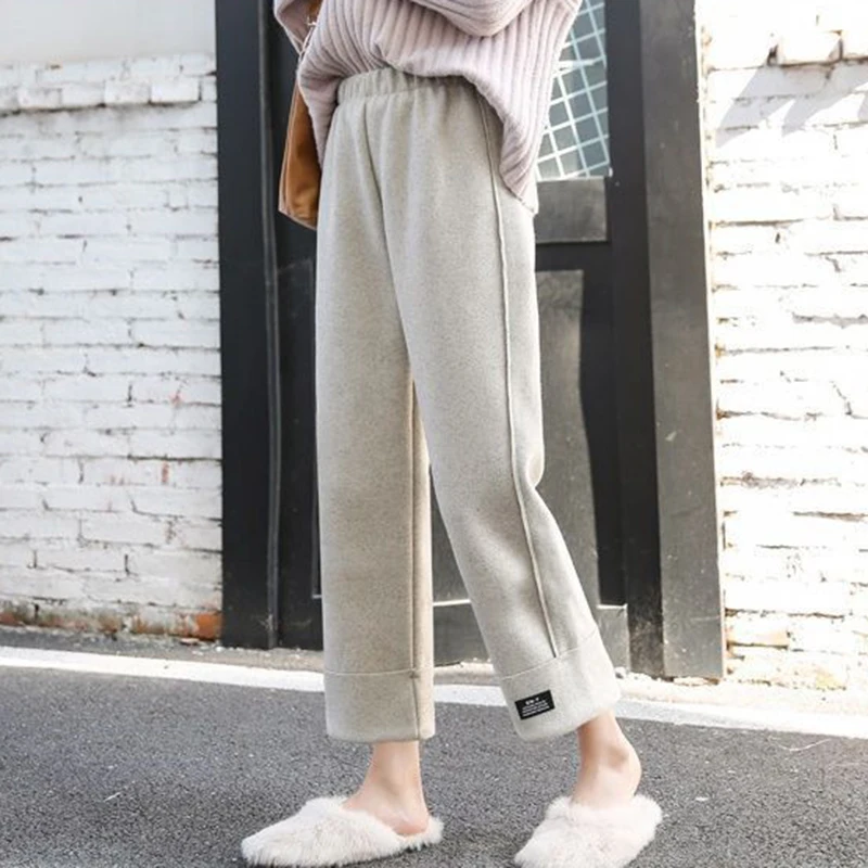 Women'S Casual Woolen Wide Leg Pants Korean Fashion Elastic Waist Baggy Trousers All-Match Large Size Stretch Ankle-Length Pant