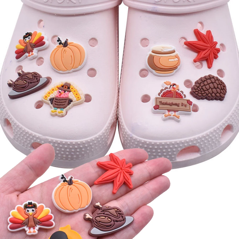 

Wholesale 1pcs PVC Shoe Charms for Crocs Thanksgiving Day Women Sandals Buckle Kids Pins Decoration Jeans Accessories X-mas Gift