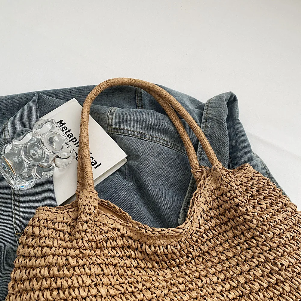 Women Straw Tote Handbag Large Capacity Vintage Shoulder Bag Solid Color Crochet Beach Handbag Ladies Summer Daily Bag