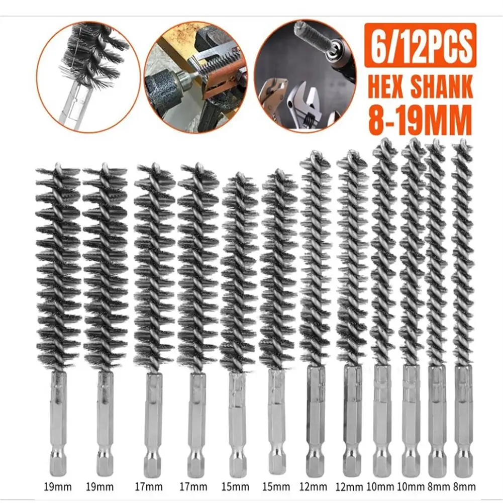 

14pcs 1/4" Hex Shank Stainless Steel Bore Cleaning Brushes Set With 1/4 Inch Hex Shank Handle For Power Drill