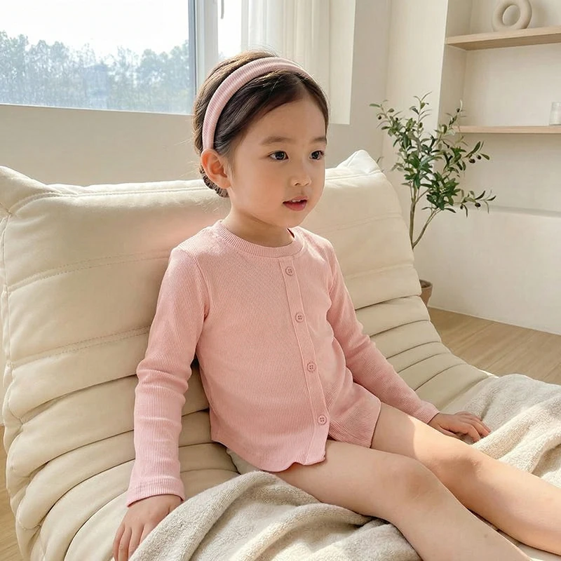 봄 신상 아동용 솔리드 골지 긴팔 통기성 티셔츠 여아 베이직 티셔츠 키즈 슬림 캐주얼 의류