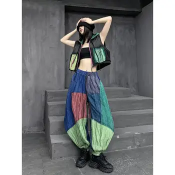 Trendy Stylish Summer Pant Set New Loose Fashionable Color-blocked Hooded Vest + Denim Wide-leg Pant Two Piece Set ZXY006 1