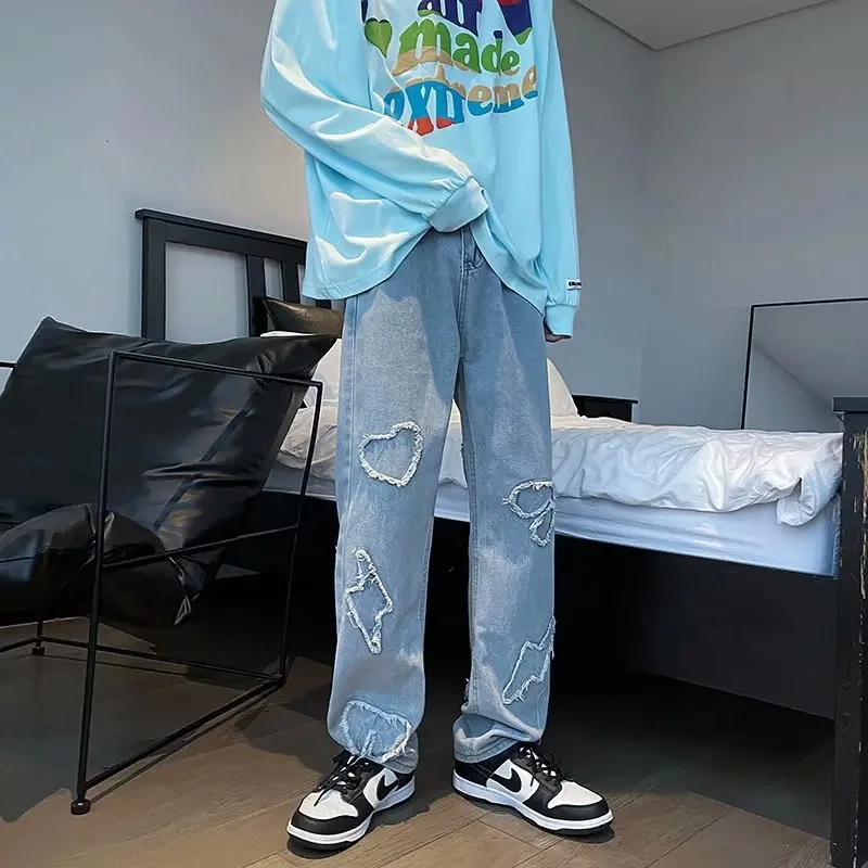 2023 Women's Casual Y2K Fashion Clothes Cartoon Pattern Printed Jeans Loose Denim Trousers Ladies Blue Straight Trousers