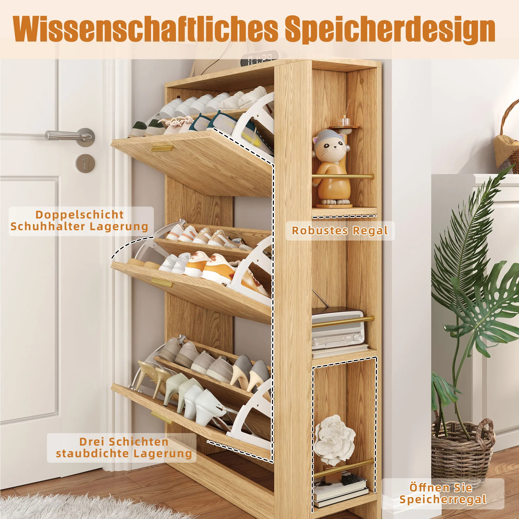 Moderner, minimalistischer Schuhschrank aus Holz, dreitüriges Design, großes Fassungsvermögen, offene Regale, stilvoll und praktisch – Detail 11