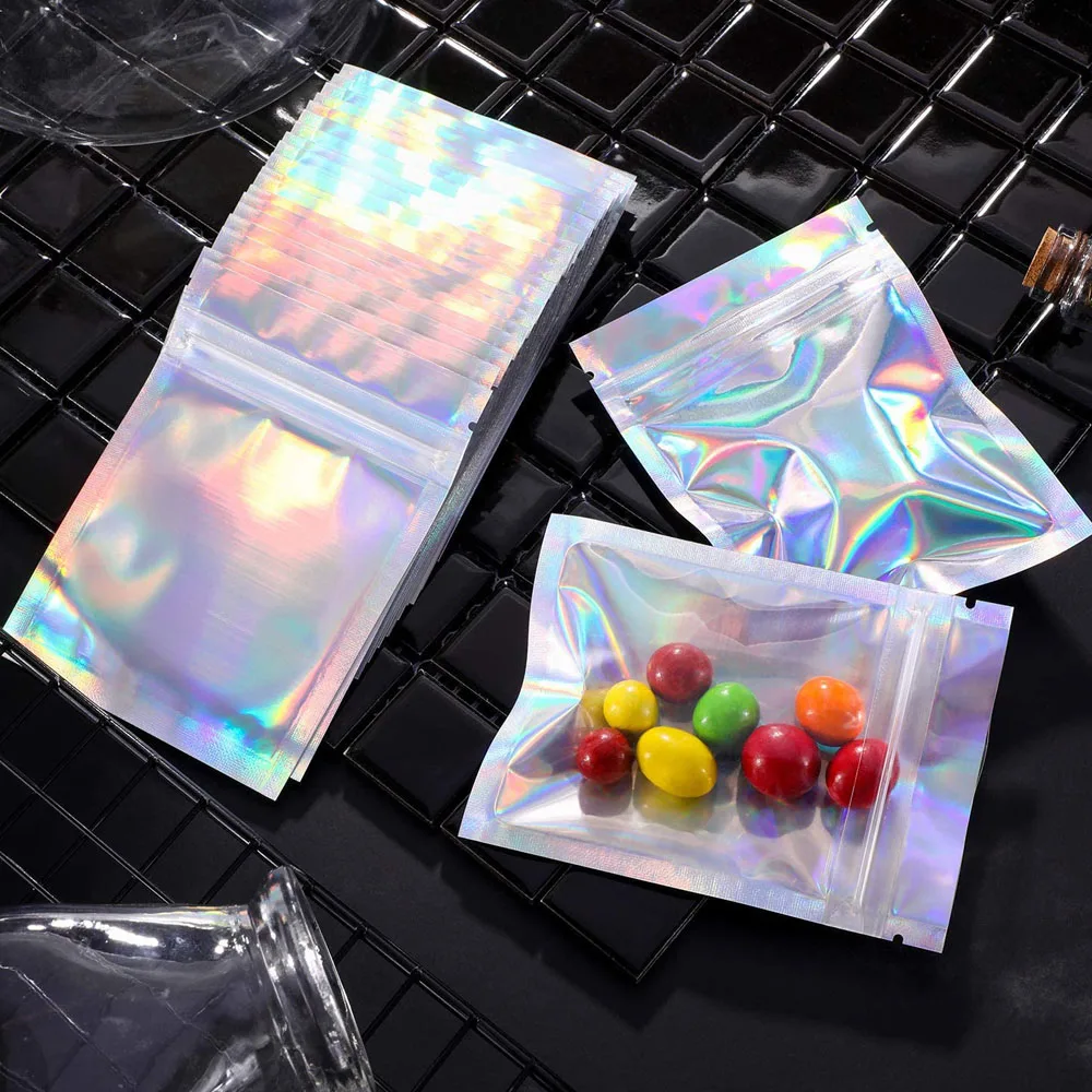 50Pcs Thicken Ziplock Bags Resealable Holographic Bags Laser