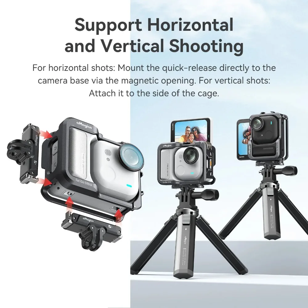 Insta360 Go Ultra용 aMagisn 메탈 카메라 케이지, Go Ultra 액세서리용 콜드 슈 인터페이스가 있는 수평 및 수직 프레임