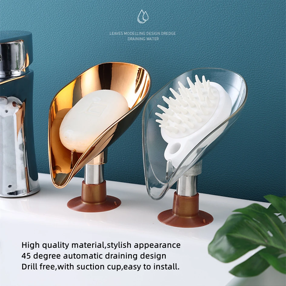 

Creative Soap Dish Holder Dispenser Electroplate Golden Leaf-shaped Bathroom Toilet Free Punch Drain Box Case Accessories