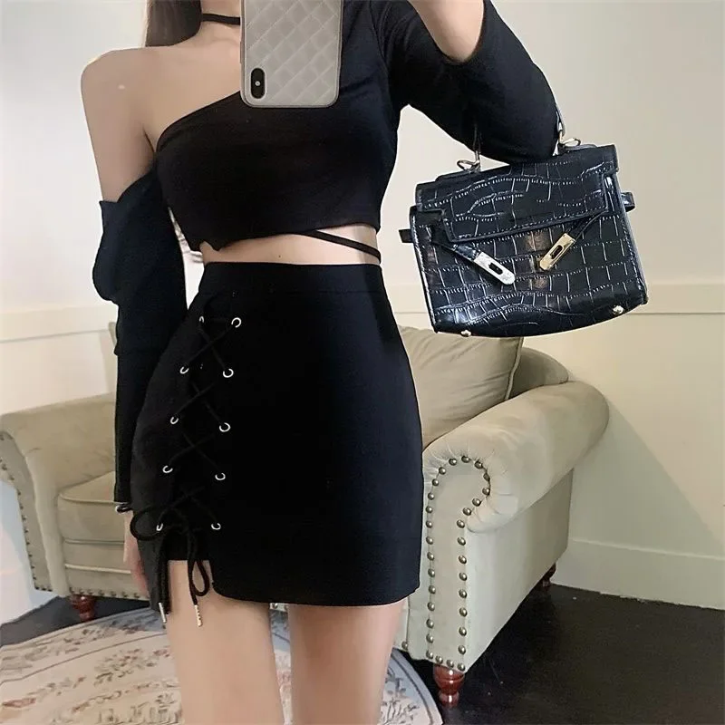 Xpqbb Gothic High Waist Black Mini Skirts Women Sexy Tight Bandage Bag Hip Short Skirt Woman Korean Slim Fit Zipper A Line Skirt 5