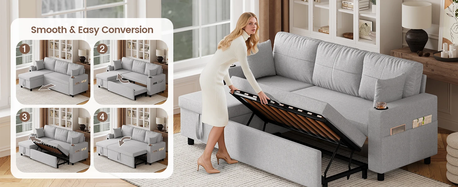 Sofa Bed Corner Sofa With Cup Holder Sofa Bed,3 Seater L-Shaped