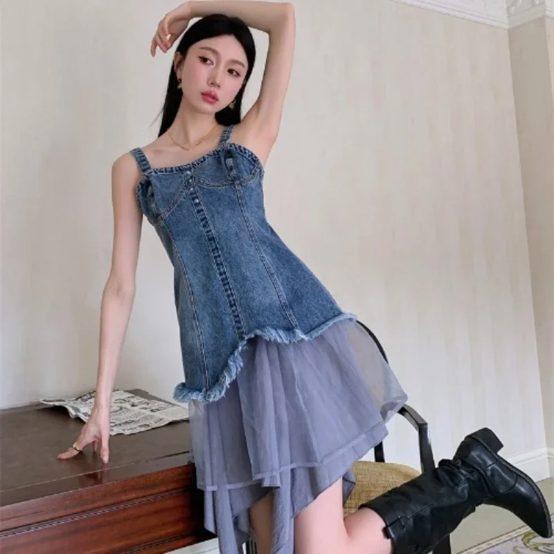 

Summer Fashion 2023 Women Ladies 2 Pieces Chest Wrapping Blue Denim Dress Set , Woman Ripped Tassel Dresses