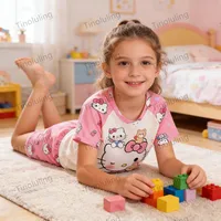 Pyjamas d'été pour filles de 3 à 12 ans, ensembles de pyjamas pour enfants, hauts + pantalons courts, vêtements de nuit Hello Kitty Cat Kuromi 3