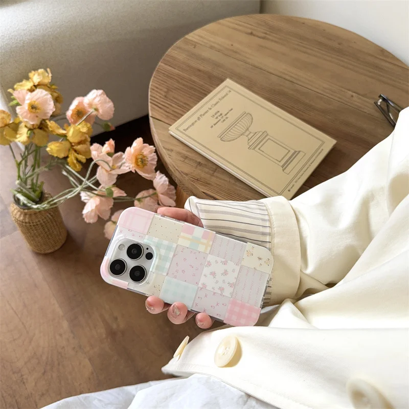 Chic Floral Grid Phone Case with Holder Attachment