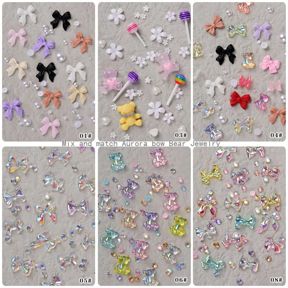 1Box Mixed Shape Bowknot Nail Art Decoration Kawaii Cartoon Bear Dog Charms Resin Pearl Flower Parts Manicure Accessories LK-032