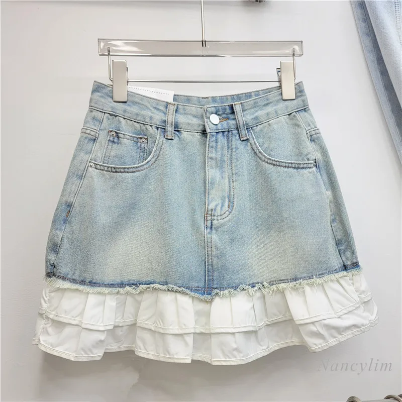 

Ruffled Stitching Denim Skirt Women's High Waist Slimming First Love Idle Style Hip Skirt Fashion Street Jean Skirts Summer