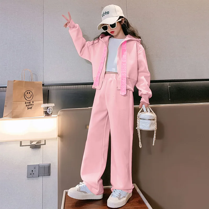 Spring Autumn Girls Cotton Plain Hooded Zip Sweat Jacket+
