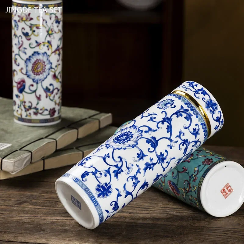 380ml Jingdezhen Ceramic Enamel Color Teacup Double Inner Liner Blue and White Porcelain Tea Cup Office with Cover Cup