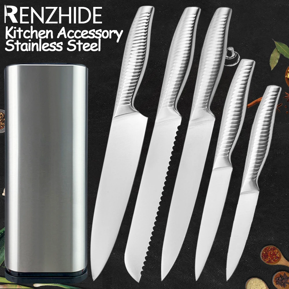 

RZD Chef Cooking Kitchen Knives Set Stainless Steel Storage Holder Stand 8'' inch Bread Slicing Utility Paring Knife Accessory