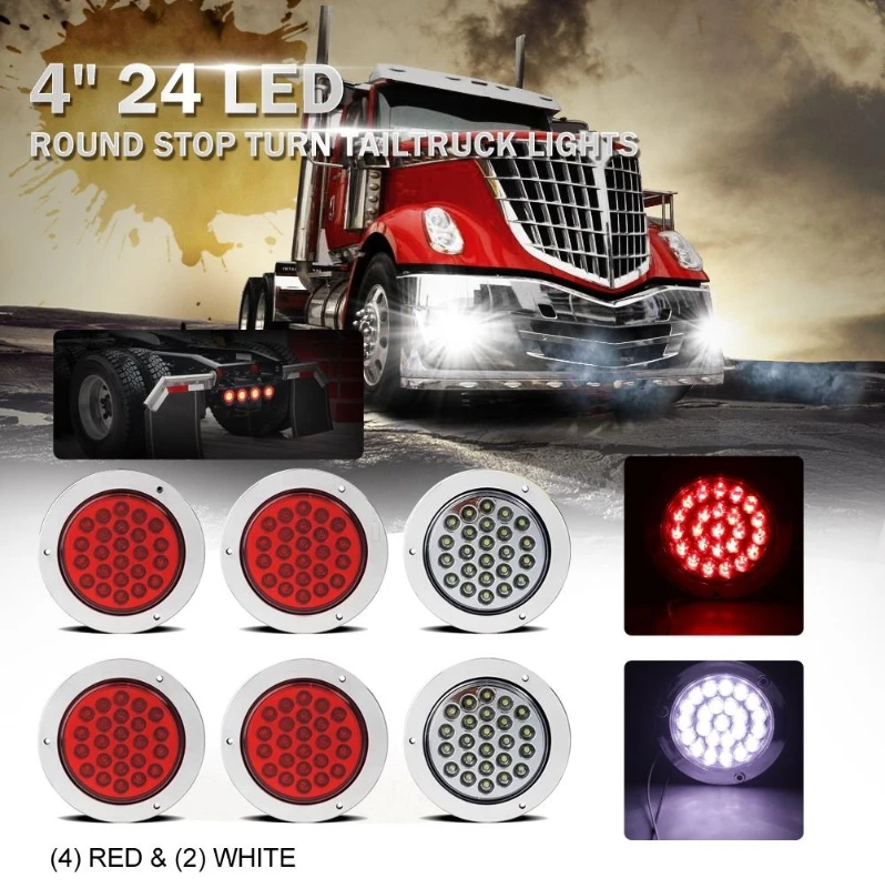

6 Pcs/set 4 Inch 24 LED Round Truck Tail Light 12V Brake Light Signal Indicator Lamp (4pcs Red+2pcs White)