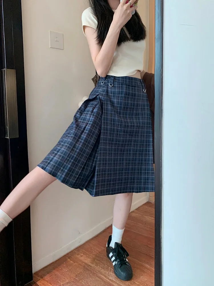 ADAgirl Vintage Plaid Midi Skirt Women American Retro Pleated A-line High Wasit Skirts Summer Fashion Uniform Aesthetics Clothes