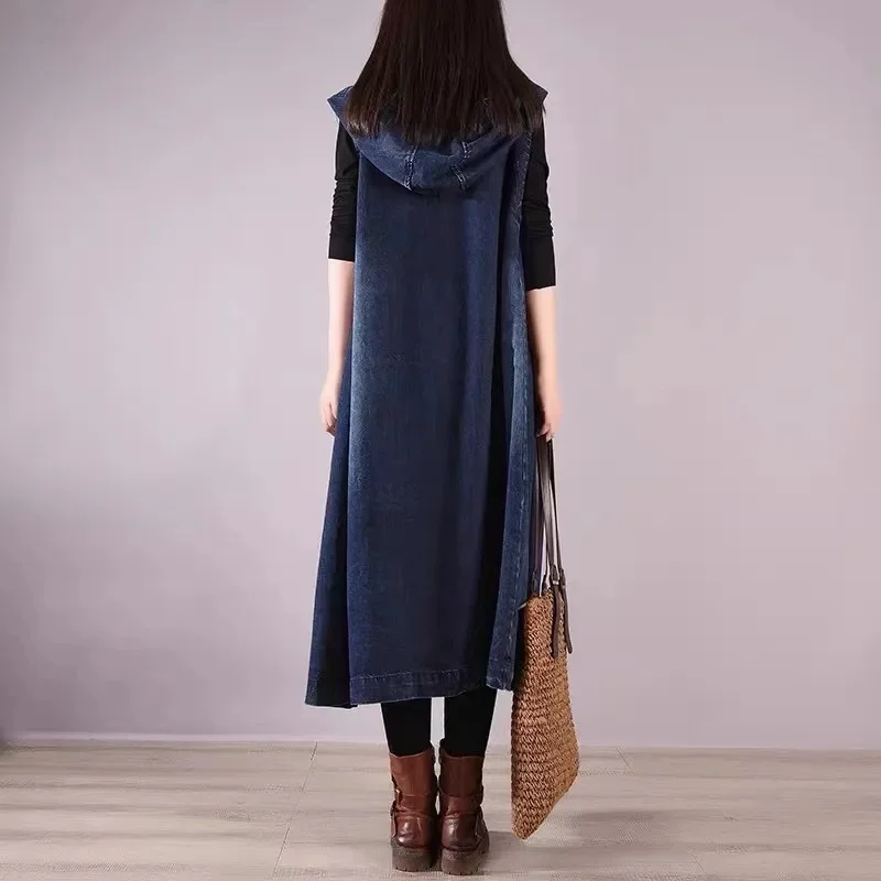 Women's Long  Denim Vest Spring And Autumn New Hooded Denim Jacket Korean Waistcoat Fashion Loose Vest Sleeveless Blazer Vintage