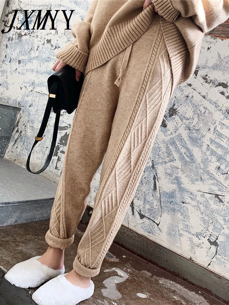 capri pants JXMYY Winter Thicken Women Harem Pants Casual Drawstring Twisted Knitted Pants Femme Chic Warm Female Sweater Trousers 2022 cargo pants