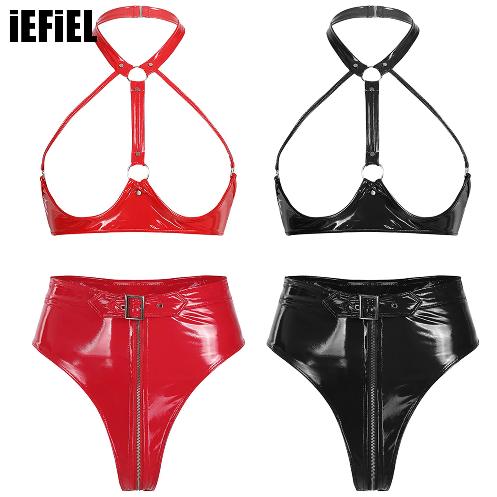 

Sexy Womens Lingerie Set Wet Look Patent Leather Open Bust Wire-free Bra Top+Zipper Open Crotch Briefs Underwear Party Culbwear
