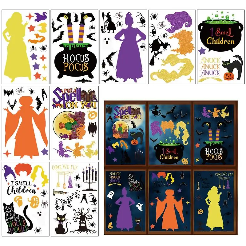 Decalcomania Finestra Strega 9 Fogli Adesivo Silhouette Strega Spaventoso Halloween Finestra Silhouette Decorazioni Decalcomania Fronte-Retro Per Fine