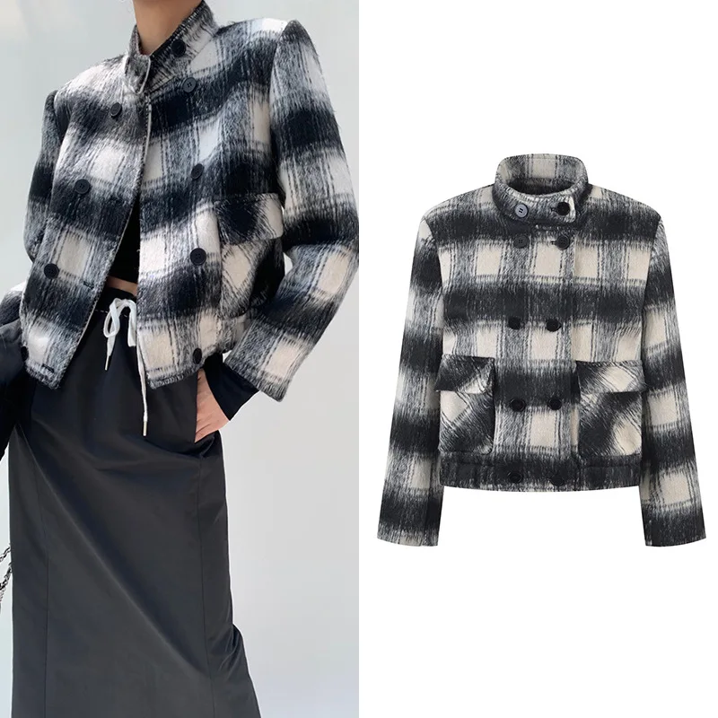 

Design Sense Contrast Color Checker Small Fragrance Coat Stand up Collar Double breasted Coat 2023 Autumn/Winter New Top