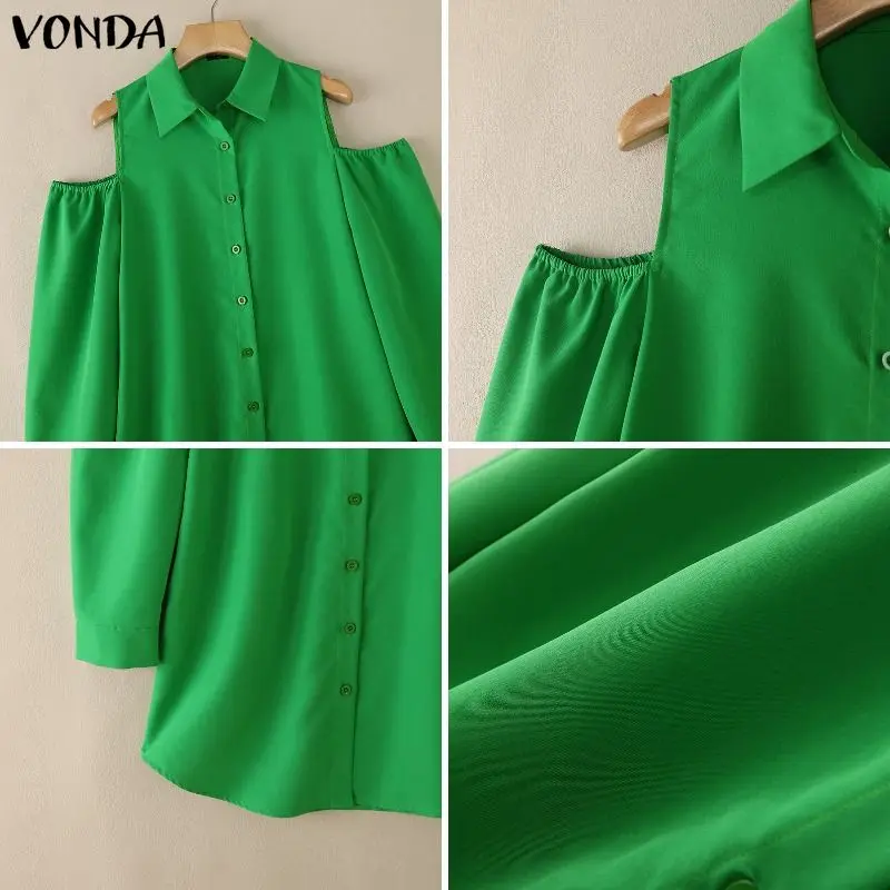 VONDA Fashion Solid Color Women Dress Summer Spring Long Sleeve Off Shoulder Casual OL Work Turn-down Collar Vestidos Sundress 5