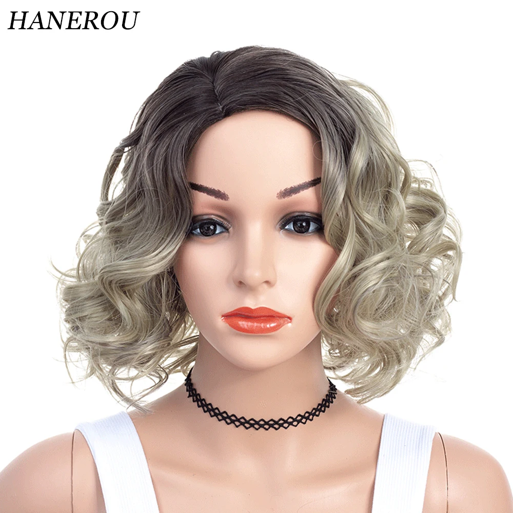 

HANEROU Short Curly Wigs Synthetic Omber Mixed Women Natural Fluffy Hair Wig for Daily Party Cosplay