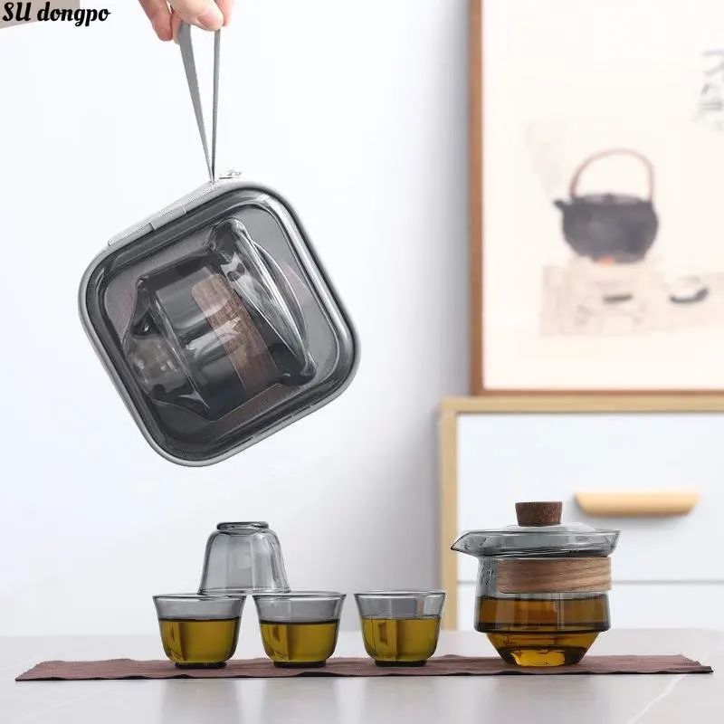 

Japanese Scald Proof Tea Cup Gaiwan High-capacity Glass Travel Tea Set One Pot and Two Cups Portable Kungfu Tea Set Outdoor Suit