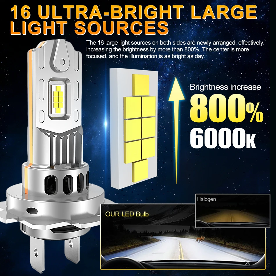16개 CSP H7 LED 헤드라이트 전구 미니 무선 4000W H8 H9 H11 9005 9006 자동차 헤드램프 자동 다이오드 램프 H4 터보 LED 12V 자동차용