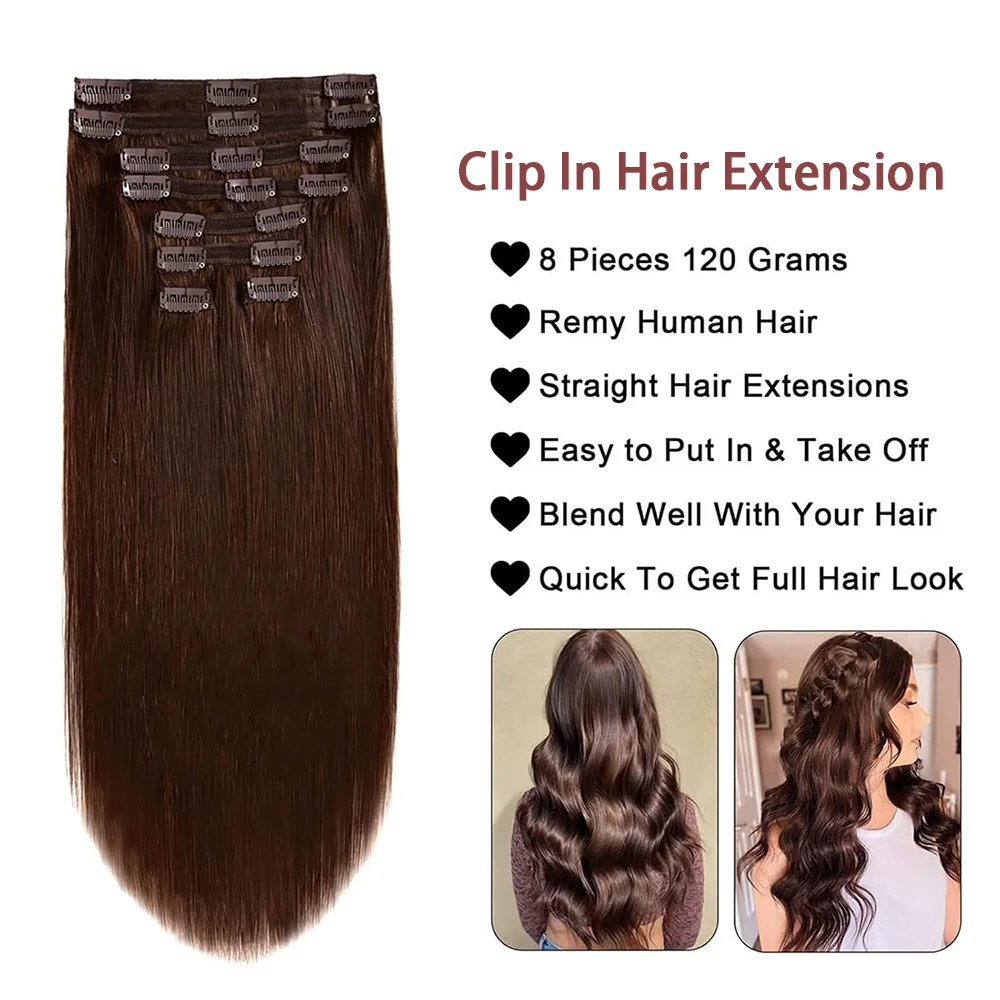 Clip In Hair Extension Straight Brown Color #2 Brazilian Clip In Hair Extension Human 16-26 Inches Full Head Seamless 120G