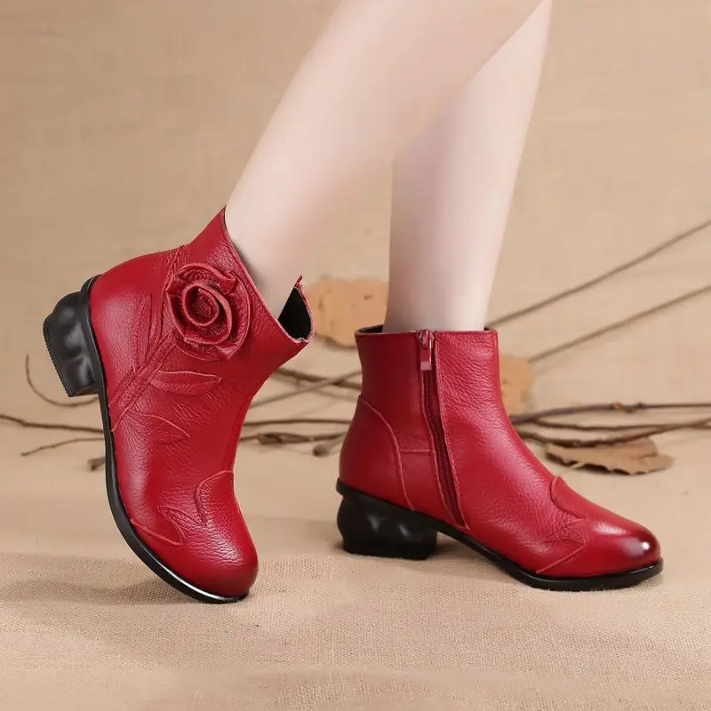 

low heels shoes red womens genuine vintage boots women carved pattern winter fur lined shoes heeled booties warm plush shoes