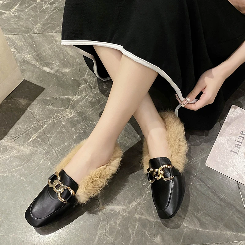 Winter Warm Slip-on Long Plush Square Toe Metal Chain Flats Loafers Luxury Furry  Lazy Espadrilles Footwear Size 35-40 5