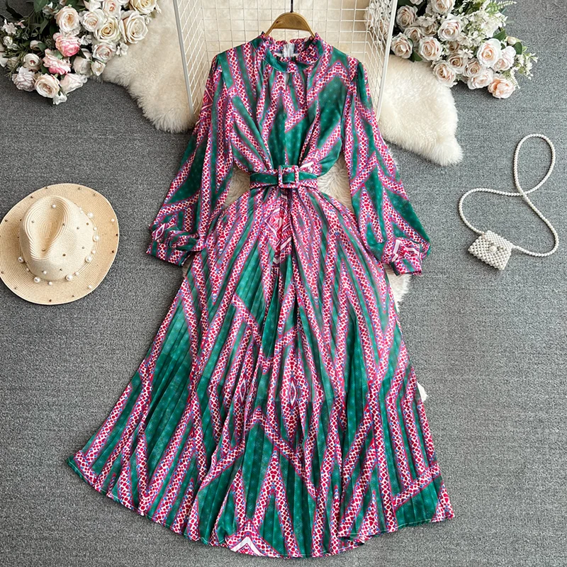 

Spring Autumn Women Print Pleated Long Dress Vintage Stand Collar Puff Sleeve A-Line Draped Maxi Vestidos Female New Fashion