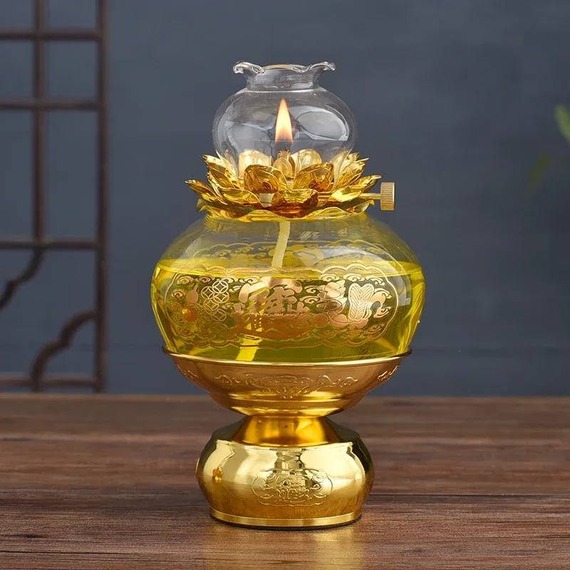 Buddha Offering Lamp, Transparent Glass Lotus Lamp, Buddha Heart Sutra Butter Household Use, Prayer, Tools