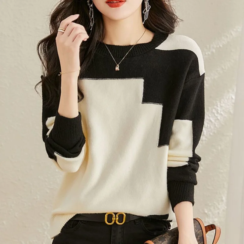 2023 Autumn/Winter New Round Neck Long Sleeve Sleeves Show Thin Contrast Knit Bottom Shirt Temperament Office Lady Women's Top 1