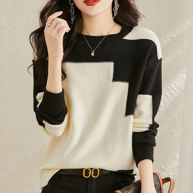 2023 Autumn/Winter New Round Neck Long Sleeve Sleeves Show Thin Contrast Knit Bottom Shirt Temperament Office Lady Women's Top 1