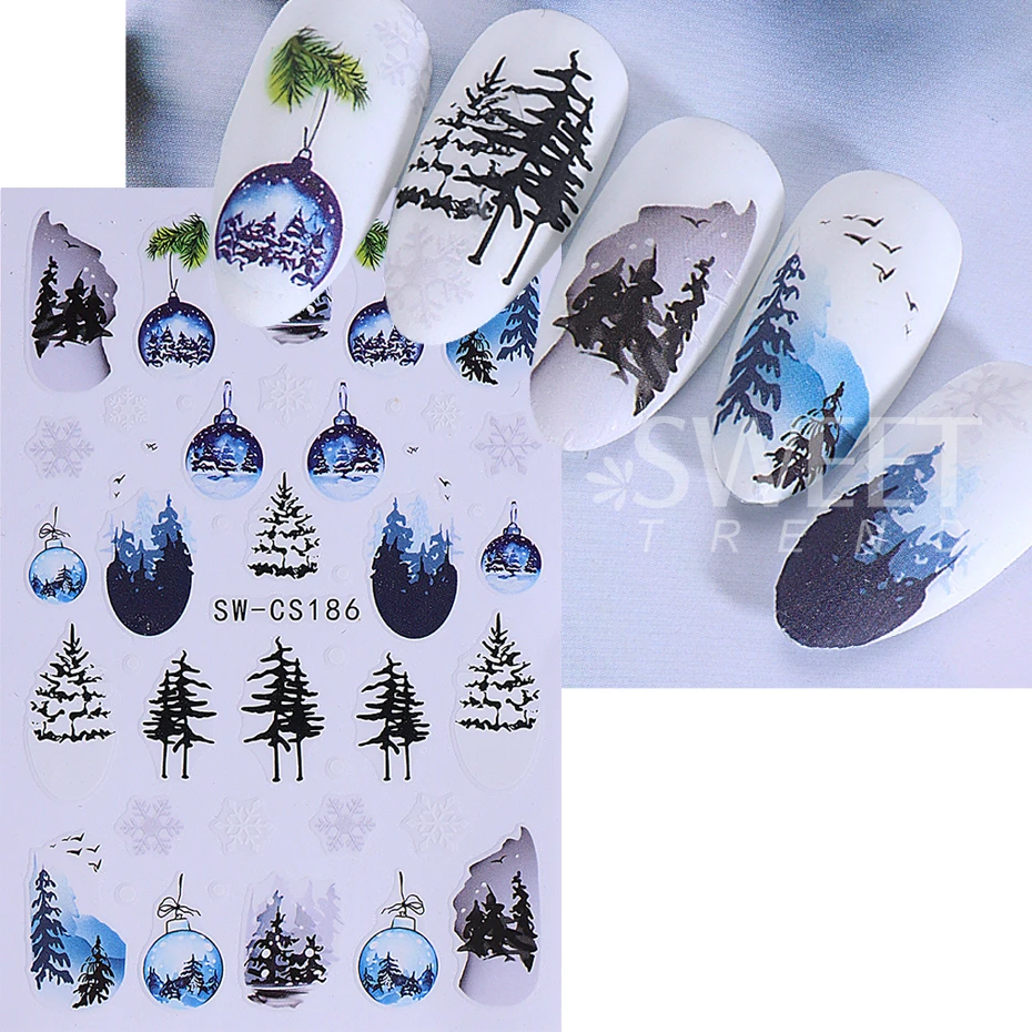 2pcs Christmas Nail Stickers Decals Snowman Reindeer Snowflakes Design Winter 3D Self-Adhesive Nail Art Decoration for Women