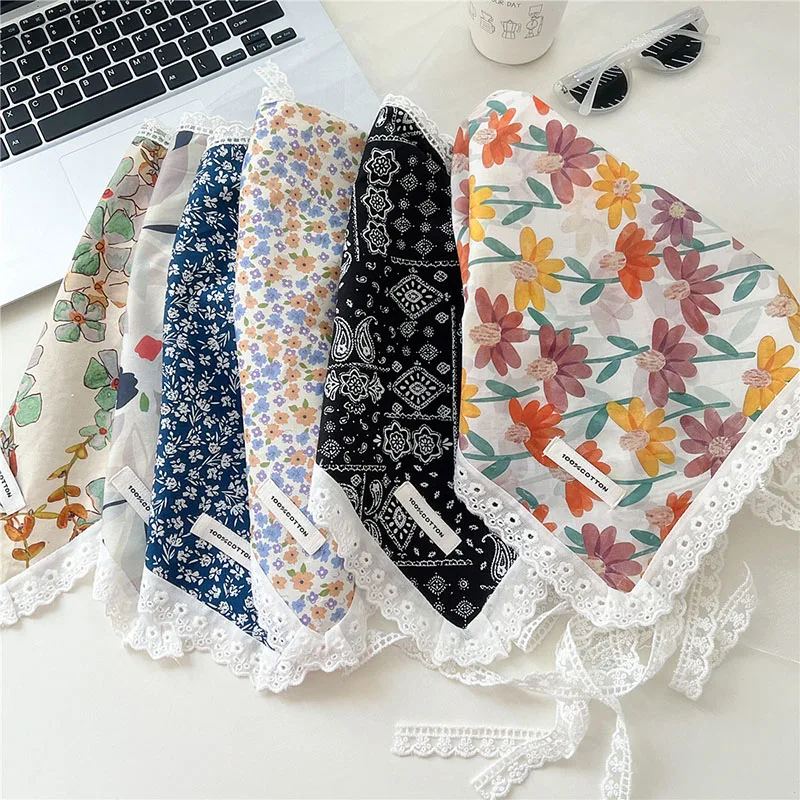 French Floral Lace Hair Scarf for Women Thin Cotton Headband Korean Girls Printed Triangle Scarves Hair Bands Turban Accessories jinjin qc 2019 new women camouflage printed scarf echarpe foulard femme bandana scarves and wraps bufanda mujer instant jilbab