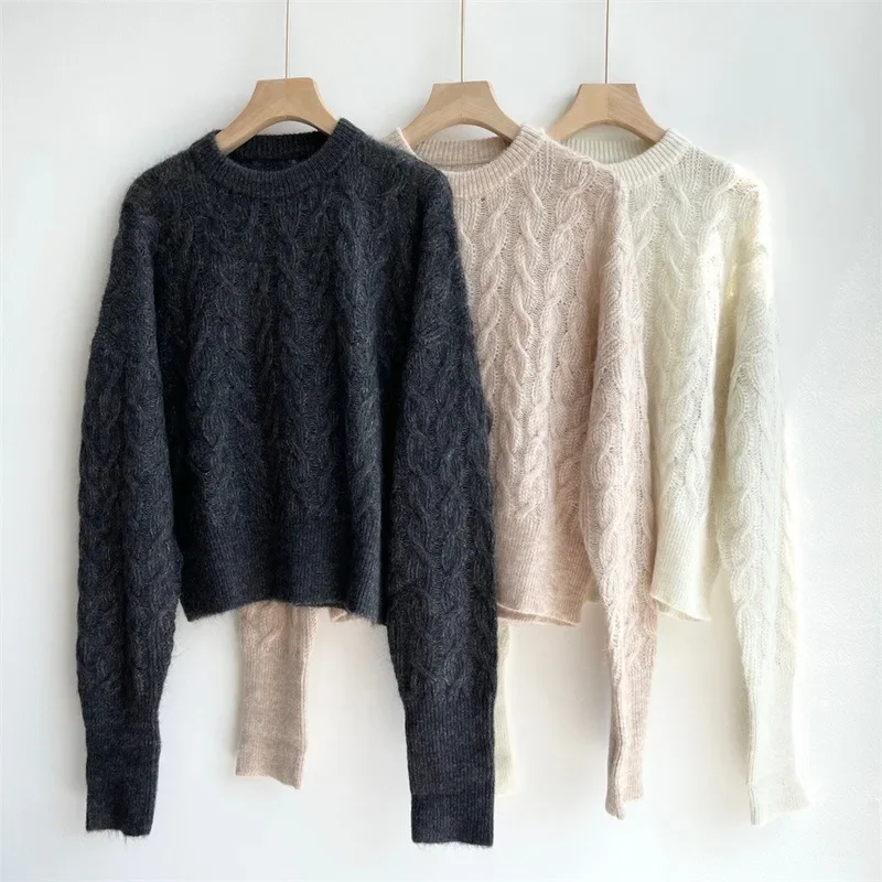 

New Women Round Neck Pullover Twist Solid Color Sweater Knitted Long-sleeved Top