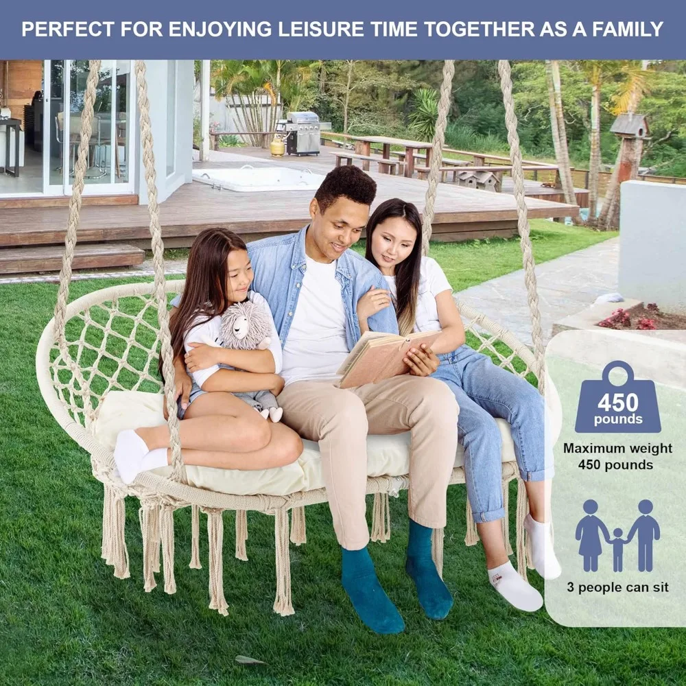 Hammock Chair Hanging Swing with Cushion,Hanging Cotton Ropes, Metal Frame, 450 lbs Capacity Indoor Outdoor, Patio Swings 4