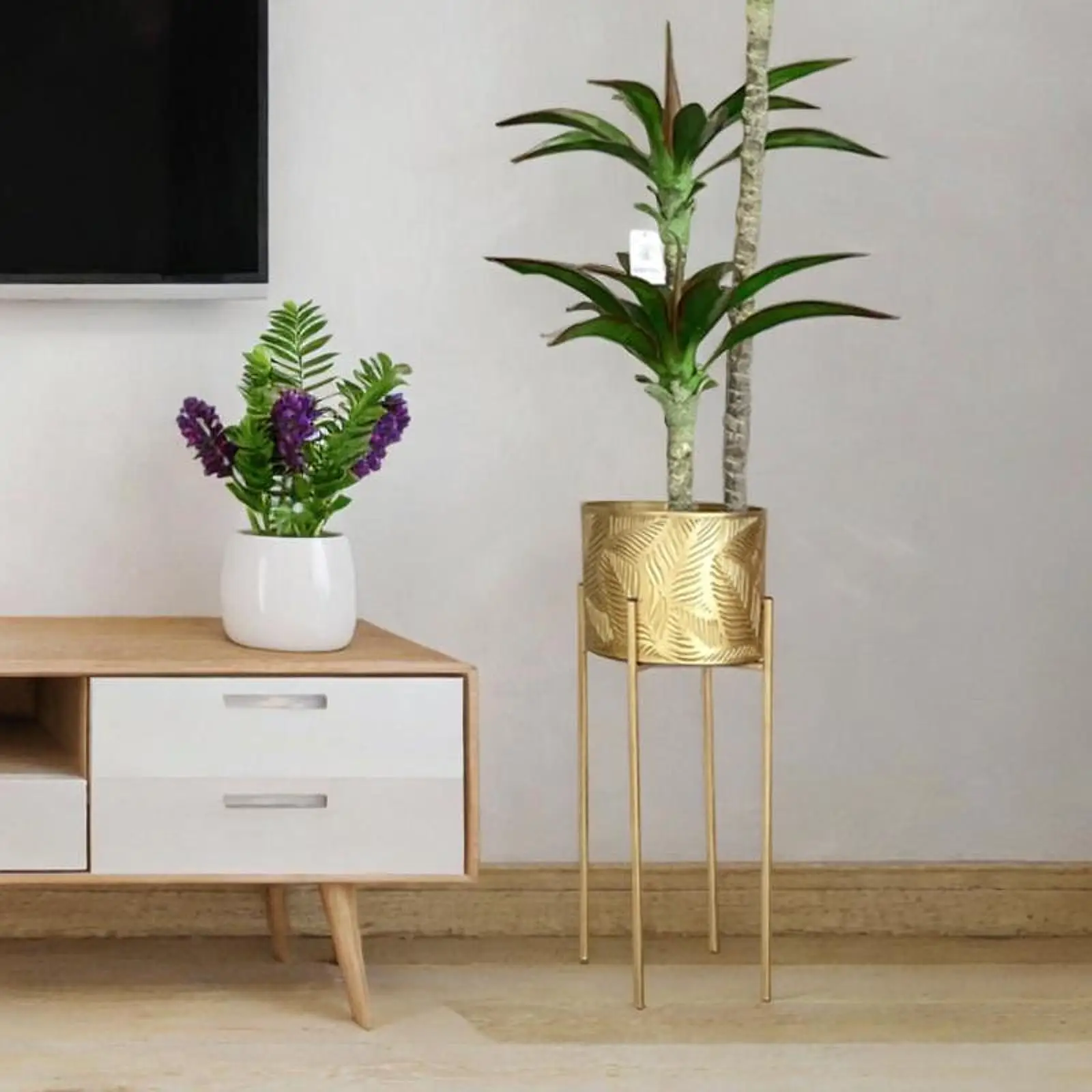 Gold Iron Plant Pot Round Flower Pot Holder Flower Plant Container Flowerpot for Yard