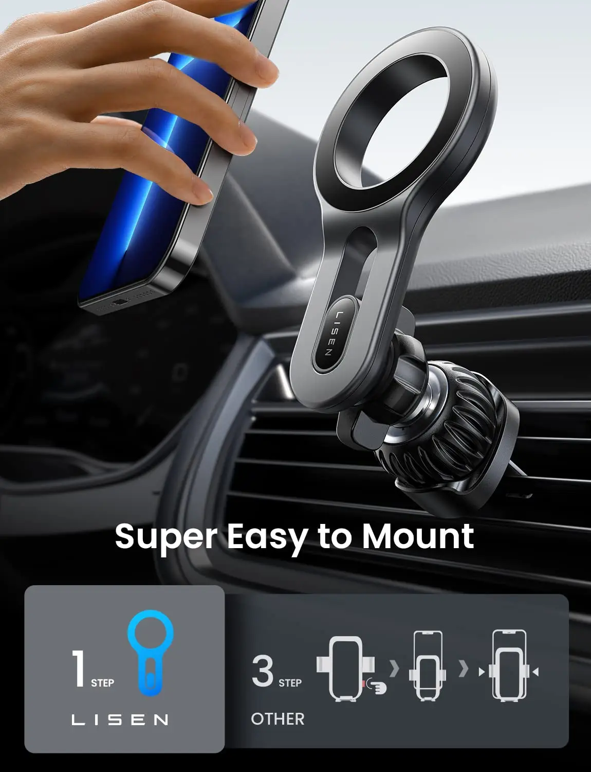 LISEN for MagSafe Car Mount, [Enjoy Never Blocking] , [Easily Install]  Hands Free Magnetic Phone Holder , Fit for iPhone 15 Pro Plus Max 14 13 12  Mini