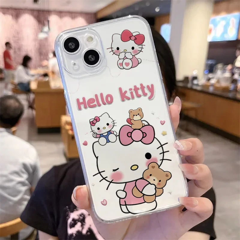 

Kawaii Sanrioed Hello Kitty Phone Case for IPhone 15 14 13 Pro Max 12 11 Cartoon Anti-fall Soft Silicone Cover Cute Girls Gift