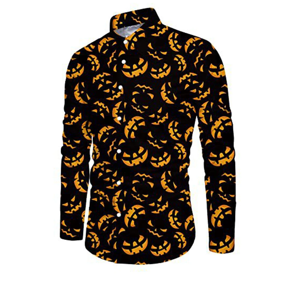 thumbnail image 1 of Camisas de manga larga de Halloween para hombre, camisa con estampado de cabeza de calabaza, camisa informal de calle para adultos, blusa con botones y estampado, traje de fiesta, 1 of 5