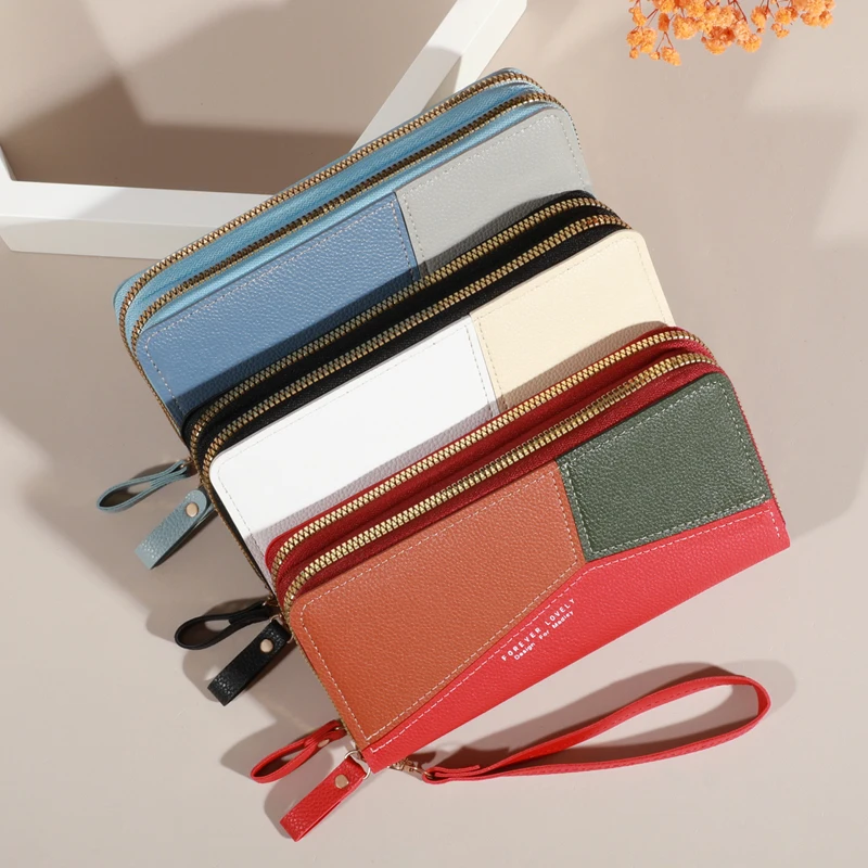 Lychee Patterned Women's Double Zipper Wallet - Large Capacity Card Holder & Phone Pouch Clutch Bag