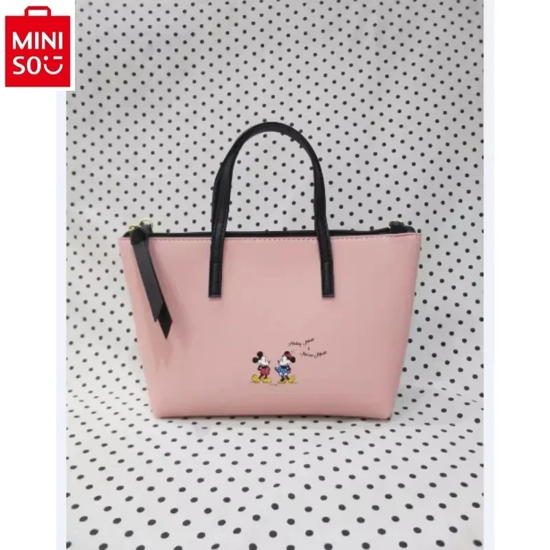 MINISO Disney Cartoon Mickey Minnie Fashion Casual Zipper Sealed High Quality Large Capacity Women's Handheld Tote Bag