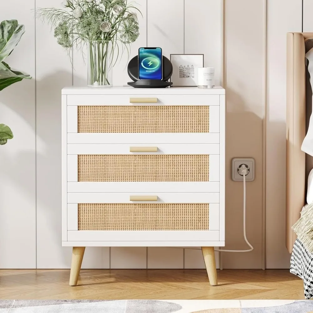 Rattan Nightstand with Charging Station, Night Stand with 3 Large Rattan Drawers, Accent End Table, Bedside Table S